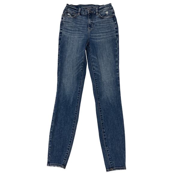 American Eagle Jeans Womens 2 Long Blue Curvy Hi Rise Jegging Stretch Distressed - Picture 1 of 11